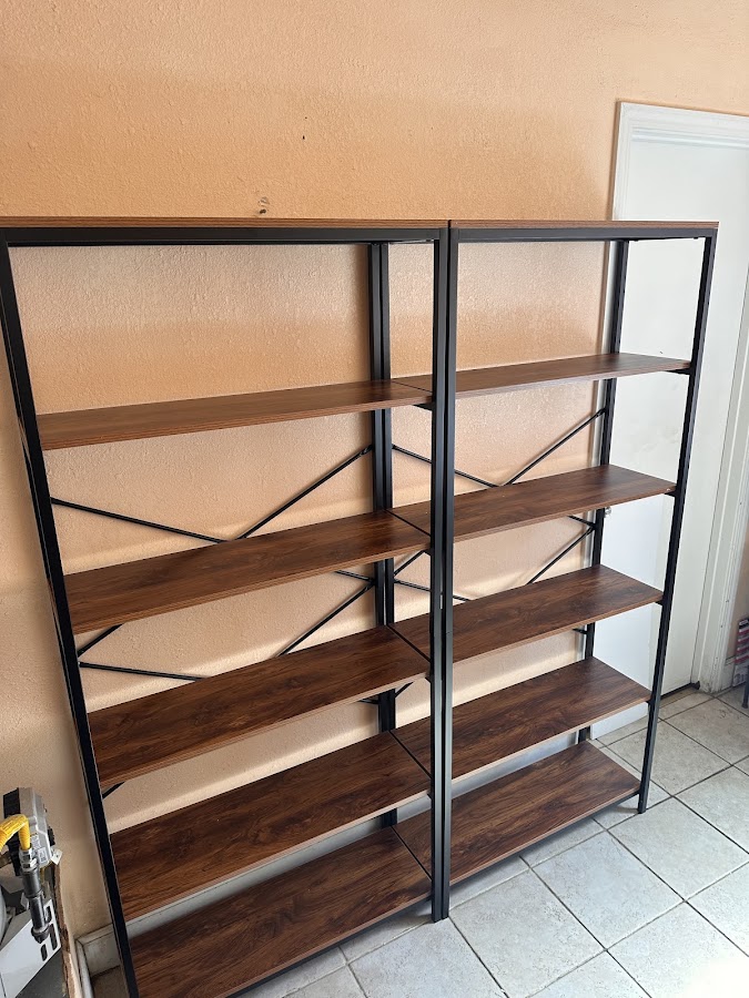 Assembled wood and metal bookcase